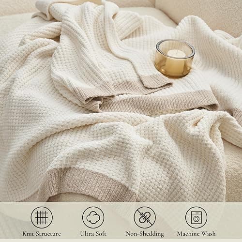 Amélie Home Chenille Throw Blanket, Soft Cozy Waffle Throw for Couch & Sofa, Warm Yet Lightweight, Breathable All-Season Throws for Women Men, Housewarming, Birthdays, 50"x60", Ivory thumbnail 5