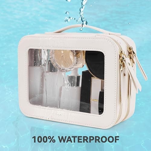 Prite Double Layer Makeup Bag for Women Portable Clear Makeup Bag Cute Waterproof Travel Cosmetic Bag with Gold Zipper for Car Essentials(Beige) thumbnail 5