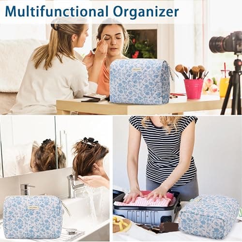 Sightor Cotton Makeup Bag, Kawaii Floral Cosmetic Bag Large Travel Toiletry Bag, Quilted Cosmetic Pouch for Women (Cerulean Blue) thumbnail 4