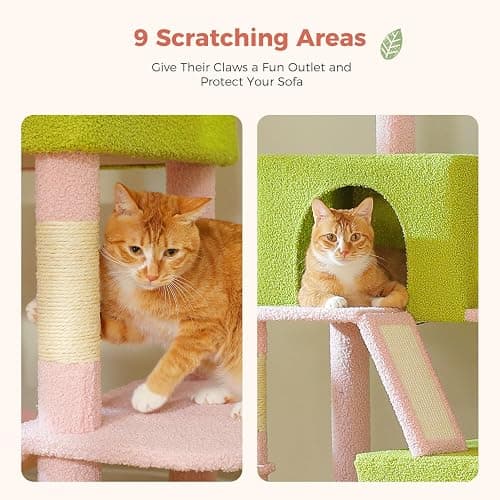 MUTTROS Flower Cat Tree Tall 70.8" for Adult Indoor Cats, 8-Levels Large Cat Tower with 8 Sisal Posts, 2 Hammocks, 2 Condos, Big Perch & 3 Pom Poms for Multi-Cats Household – Carpet Pink thumbnail 5