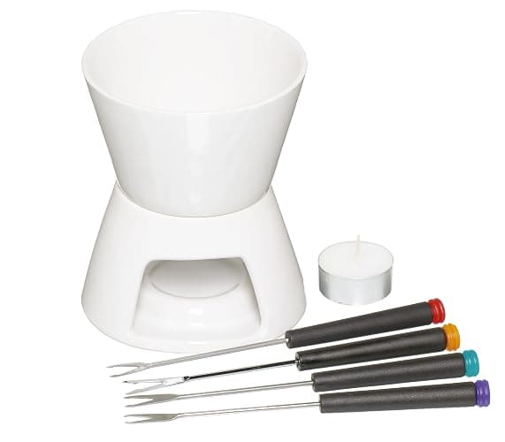 KitchenCraft Chocolate Fondue Set in Gift Box, with Four Stainless Steel Forks and Tealight Candle, Ceramic Bowl and Stand, Ideal for Parties and Dipping Sweets, Fruit or Biscuits, White - Image 1