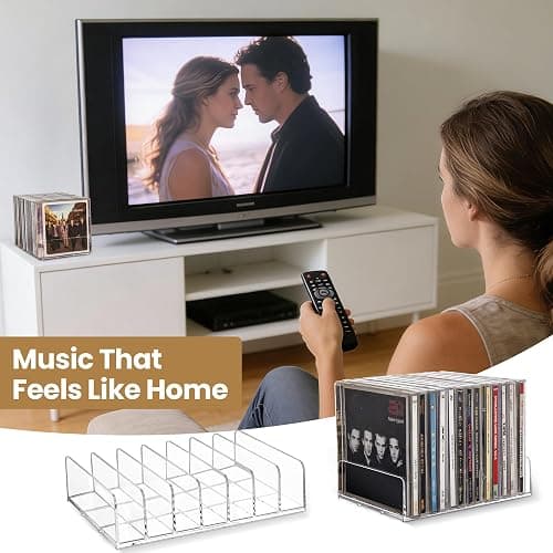 CELSOL Clear Acrylic CD Holder 2 Pack - CD Storage Rack DVD Organizer Stand Holds 28 Jewel Cases, CD Display Shelf for Media Organization, Versatile Desktop Storage for Music Collection thumbnail 5