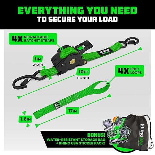 Rhino USA Retractable Ratchet Straps (4-Pack) - 1 Inch x 10 Feet (1,209lb Break Strength) - Auto Self Retracting Tie Down Straps for Truck, Cargo Trailer, Motorcycle, ATV, UTV - Green thumbnail 5