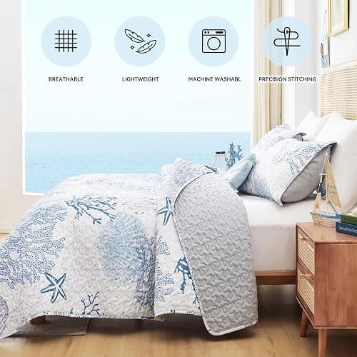 weigelia Coastal Quilt Queen Size, Blue Coral Lightweight Summer Bedding | Blue Coral Coastal Design, Soft Lightweight Microfiber, Machine Washable, Beach House Bedroom Decor, 2 Pillowcases, 90''x96'' thumbnail 4
