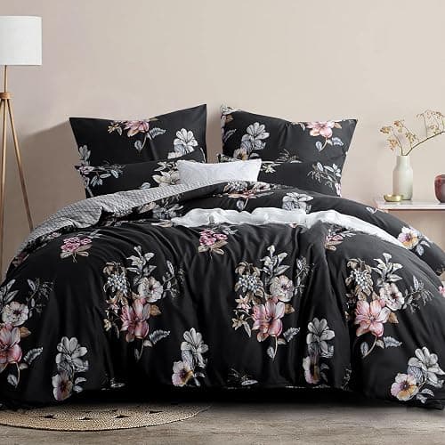 RUIKASI Bettwäsche 200x200 3 teilig Schwarz - Bettbezug 200 x 200 Set mit Blumen Muster, Bettwäsche-Sets 200x200cm aus Mikrofaser mit Reißverschluss Weich und Bügelfrei - Image 1