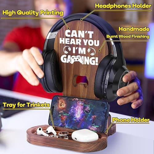 Slothoem-Gamer Gifts for Men Teenage Boy Christmas, Gamer Room Decor for Brother, Gaming Gifts for Son, Boyfriend, Husband, Gamer Room Accessories Stuff, Wooden Headset Stand - Can't Hear You I'm Gaming thumbnail 3