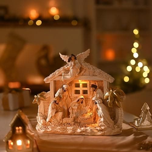 Valery Madelyn Christmas Nativity Figurines with LED Lights, Large White Gold Holy Family Nativity Scenes Resin Manger for Xmas Indoor Home Table Fireplace Holiday Decorations, 10.6 Inch Tall thumbnail 2