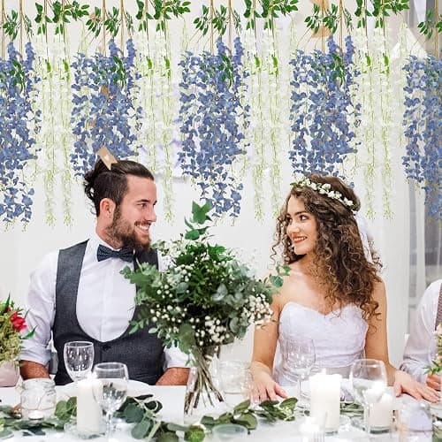 Giegxin 24 Pcs Artificial Wisteria Hanging Flowers 3.6 ft Artificial Fake Wisteria Vine Rattan Hanging Garland Silk Flowers String for Wall Home Wedding Party Greenery Decorations (Blue,White) thumbnail 7