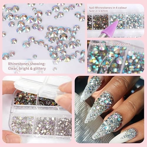 Canvalite 8000PCS Crystal AB Nail Art Rhinestones with Pick Up Tweezers & Dotting Pen, Flat Back Nail Gems for Nails, Clothes, Face, Craft - Nail Art Supplies & Decorations thumbnail 5