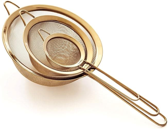 Proto Future Strainer Set Fine Mesh – Premium 304 Stainless Steel (18/8) – 8″, 5.5″ and 3.3″ Sturdy Kitchen Strainers (Gold) - Image 1
