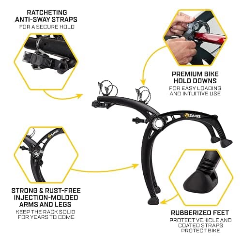 Saris Bones EX 2-Bike Trunk Rack Bicycle Carrier, Durable, Rust-Free, Anti-Sway Straps, Made in USA, Arc-Based Design, 100% Recyclable Materials thumbnail 4
