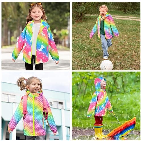 OlyPegic Girls Rain Jacket Waterproof Hooded Fleece Lined Lightweight Windbreaker Kids Windproof Jackets Raincoats Kids thumbnail 6