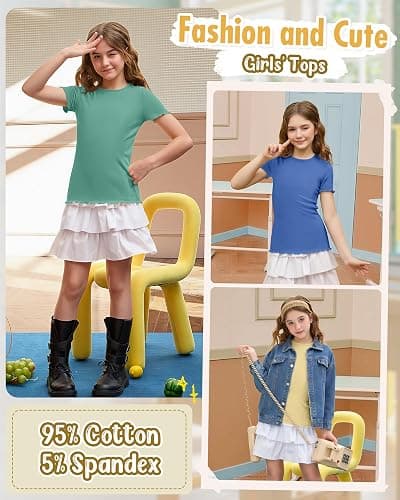 LessonZoo 4 Pack Girls Short Sleeve Tops Ribbed Cotton Lettuce Trim T Shirts Crew Neck Cute Basic Tees for Kids Teen 5-14Y thumbnail 6