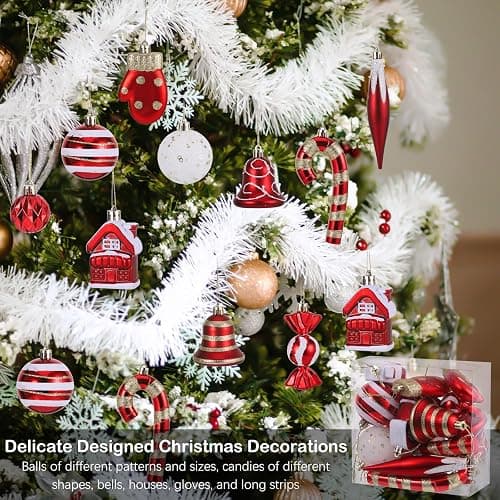 Huiguli Weihnachtskugeln Set, 16 Stück Plastik Christbaumschmuck, Mehrweg, Rote Weihnachtskugel Ornamente, Christbaumkugeln Bruchsicher für Weihnachtsbaum, Süßigkeit, Glöckchen, Handschuh thumbnail 7