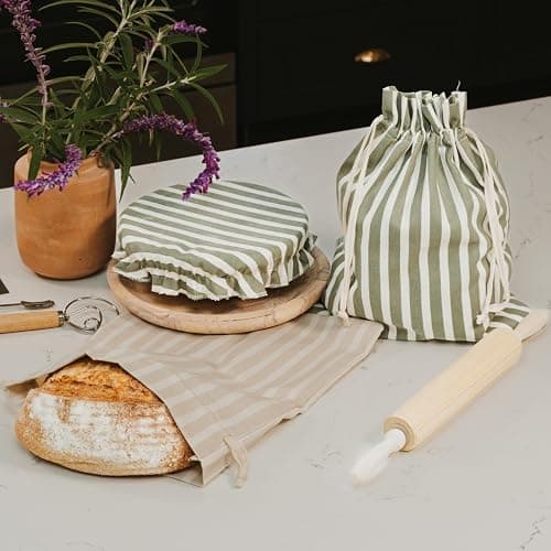 KIBAGA Beautiful Linen Bread Bag Set and Proofing Cover For Homemade Sourdough Bread - Keeps Your Loaf Fresh for Days - Reusable and Easy to Clean Storage Bag, The Perfect Baking Accessories thumbnail 2