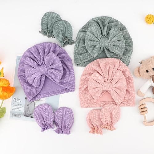 DRESHOW Neugeborenes Baby Mütze Hut und Handschuhe Set Beanie Bekleidung Unisex Infant Hut Kindergarten Mütze Baby Jungen Mädchen 0-6 Monate - 3 Sets: Bow Hats & Mittens 58-c07 thumbnail 7