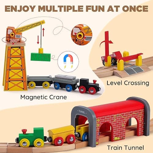 SainSmart Jr. 112-Piece Wooden Train Set for Toddler – Double-Sided Train Tracks, Compatible with Brio, Thomas, Melissa & Doug – Perfect Wood Toy for Boys and Girls thumbnail 4