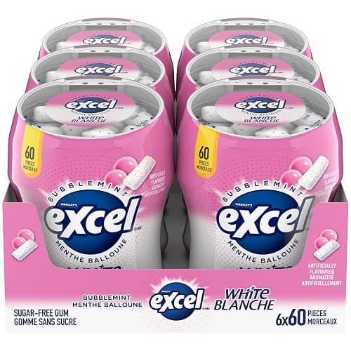 EXCEL White Bubblemint, Teeth Whitening Sugar Free Chewing Gum, 60 Pieces, 6 Bottles - Image 1
