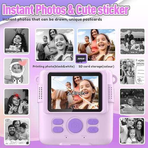 ESOXOFFORE Instant Print Camera for Kids, Christmas Birthday Gifts for Girls Boys, HD Digital Video Cameras for Toddler, Portable Toy for 4 5 6 7 8 9 10 Year Old Girl with 32GB SD Card-Purple - Purple thumbnail 3