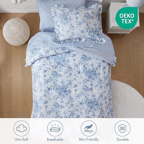 Madison Park Essentials Adele Comforter Set Blue Floral Twin XL – Shabby Chic Vintage Bed in a Bag with Sheet Set, Reversible Ruffle Bedding, College Dorm Gift for Her Women Teen thumbnail 5