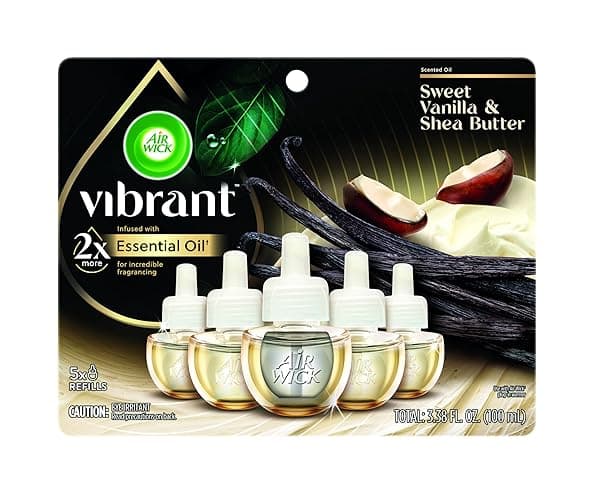 Air Wick Plug In Scented Oil Refills, Sweet Vanilla + Shea Butter, Air Fresheners for Home Long Lasting, Room Fresheners,Air Freshener Plug In, Vanilla Essential Oils, House Essentials, 5 ct - Sweet Vanilla & Shea Butter - 3.35 Fl Oz (Pack of 1)