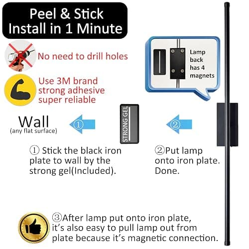 Easy Install Peel and Stick on Battery Operated Wall Sconces Set of 2 Rechargeable, Magnetic Linear Wall Sconce Wireless Long Picture Vanity Wall Light for Living Room Bedroom (2 Pack, 28.3'', Black) thumbnail 2