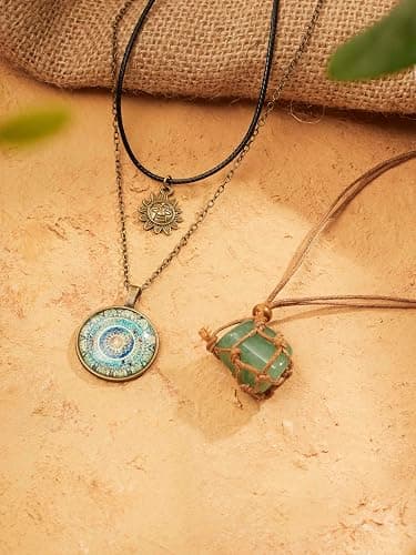 MINACHI Bohemian Retro Style Multi Layer Necklace, Green Crystal Sun and Floral Pendant, Ethnic Jewelry for Women thumbnail 6