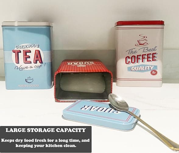 Almineez Retro Set of 3 Stainless Steel Tea Coffee Sugar Jar Canisters Kitchen Container Tins Storage Organiser Set Air Tight Vintage Design thumbnail 7