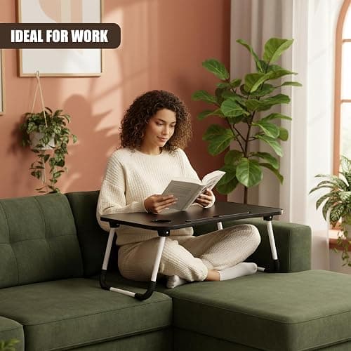 GEEZY Foldable Laptop Table with Drawer - MDF Wood Desk with Cup Holder, Tablet Slot, Anti-Slip Legs - Portable Laptop Desk Tray for Sofa, Bed, Work, Gaming, Eating, TV, Studying, Drawing and Crafts thumbnail 2