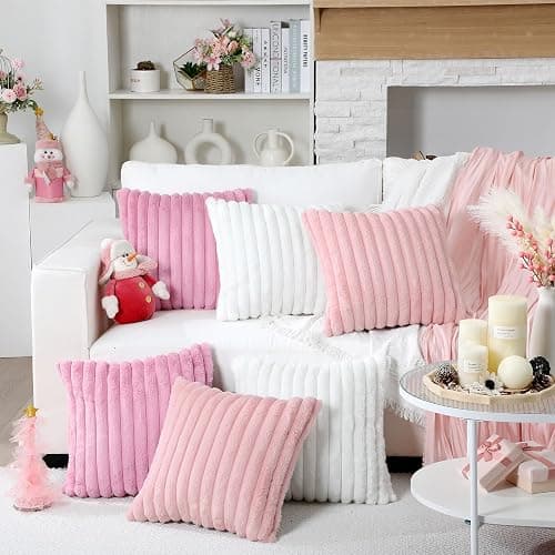 Mixweer 6 Pcs Back to School Faux Fur Plush Throw Pillow Covers 18x18 Inch | Pastel Fluffy Decorative Striped Pillow Covers with Velvet Back for Sleepover Slumber Party Tent, Sofa, Classroom Home Decor thumbnail 5