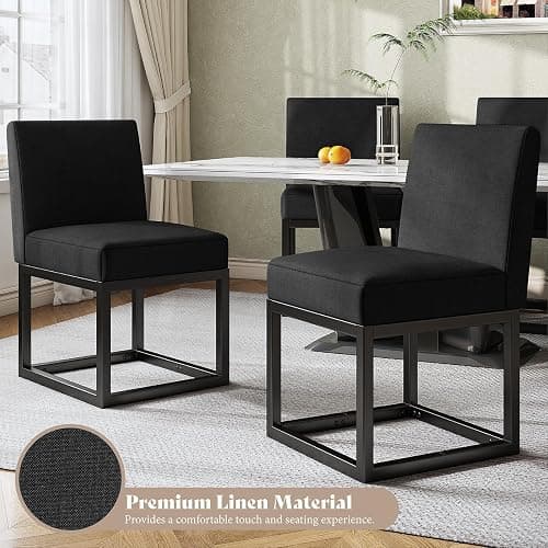 Jocisland Mid Century Linen Dining Chairs Set of 6, Modern Upholstered Dinner Chairs with Metal Frame for Restaurant, Dining Room, Kitchen, Black Padded Chairs thumbnail 4