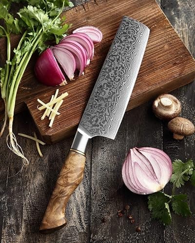 HEZHEN 7 inch Nakiri Knife Japanese High Carbon Steel-Super Durable Cooking Knife-67 Layers of Damascus Steel Sharp Blade -Ergonomic Design for Figured Sycamore Wood Handle thumbnail 2
