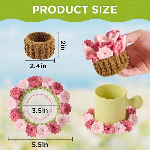 Crochet Flower Coasters, Handmade Bouquet Coasters with Crochet Plant Pot (Blush Pink, 1Pc) thumbnail 3