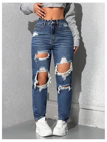 Floerns Women's High Waisted Distressed Jeans Straight Leg Casual Ripped Denim Pants thumbnail 4