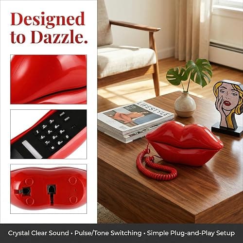 Suwimut Red Mouth Telephone, Wired Novelty Cute Sexy Lip Phone, Gift Real Corded Cartoon Shaped Landline Phone Desk Corded Phones for Home Hotel Office Shop Party Decor thumbnail 5