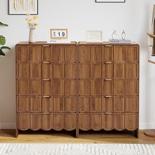 ORRD 5 Drawer Dresser for Bedroom, Modern Closet Chest of Drawers with Wave Fluted Drawer, Wood Storage Small Dresser Organizer for Nursery Bedroom Living Room Hallway Closet (Walnut) thumbnail 3