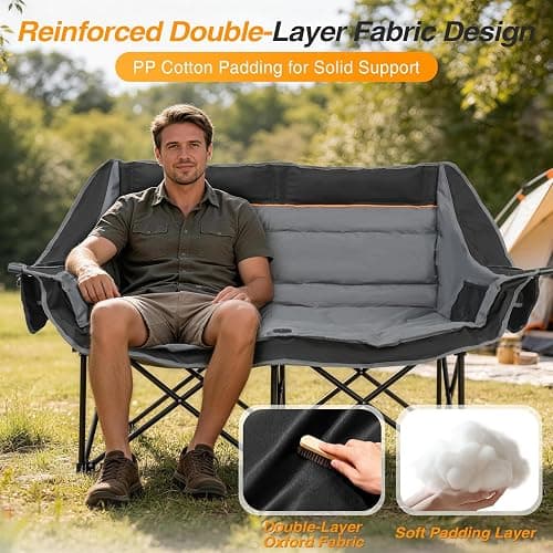 Suteck Double Camping Chair, 660lbs Oversized Camping Couch w/Independent Seats, Folding Camping Loveseat w/2 Cup & Wine Glass Holders, 1200D Oxford, Side Pocket & Carry Bag, for Camping, Lawn, Patio thumbnail 5