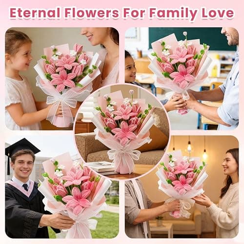 600 PCS Pipe Cleaners Craft, 6 Colors Pipe Cleaner Bulk Flower Kit, Chenille Stems Bulk with Floral Wires, Gardening Tape, Stamen, Wrapping Paper & Ribbon, DIY Art and Craft Supplies - Pink Gradient thumbnail 7