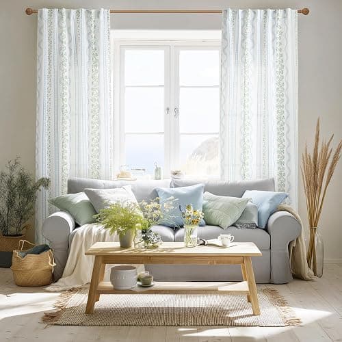 Light Blue Green Floral Vintage Curtains, Cute Whimsical Shabby Chic Curtain for Living Room Bedroom, Block Print Pattern Linen Sheer French Country Cottage Core Curtains thumbnail 4