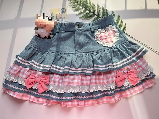 Pokn Jean Mini Skirt Cutecore Preppy Lolita Kawaii Harajuku Y2K Denim Skirt Lace Cake Clothes thumbnail 5