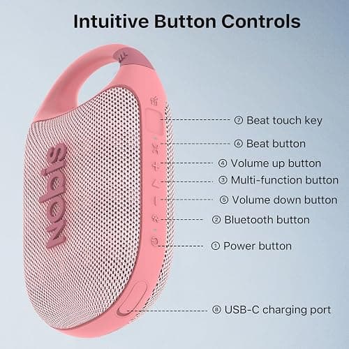 NOBIS Clip N1 Portable Bluetooth Speaker with App, Beat Mode, Up to 24H Playtime, IP68 Waterproof, BT 5.3, HD Sound, Stereo Pairing, Custom EQ, Perfect for Outdoor, Home and Adventure (Pink) - Pink thumbnail 8