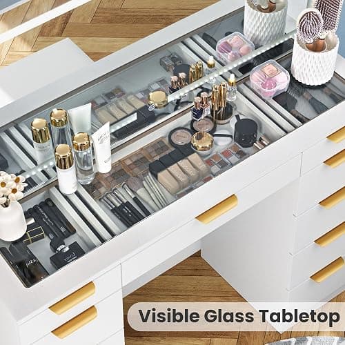Pamapic Glass Top Vanity Desk with Mirror and Lights, 11 Drawers Makeup Vanity with Charging Station and Chair, Golden Handles Dressing Table, 3 Lighting Modes Makeup Table, White thumbnail 4