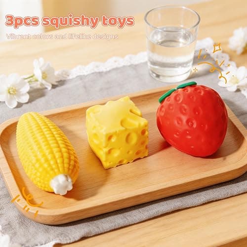 dZbGift 3pcs Fruit Squishy- Cheese Squishy,Strawberry Corn Squishy,Squeeze Toys,Fruit squishies for Stress Relief,Gift for Boys Girls Adults thumbnail 4