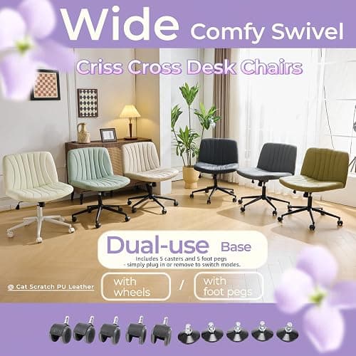 VINGLI Criss Cross Legged Chair,Wide Comfy Office Desk Chair,Dual-Use with/no Wheels Computer Task Chair,Swivel Armless Vanity Rolling Chair for Study,Make Up,Home Office,Cat Scratch PU Leather,Beige thumbnail 9