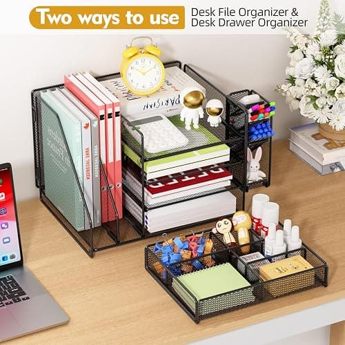 Casavibe Schreibtisch Organizer mit Aktenhalter - 5-Tier Briefablage Ablagefächer mitSchublade,4 Stithalter, Schreibtisch-Aufbewahrung, Zeitschriftenhalter fürBürobedarf (schwarz) thumbnail 3