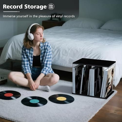 Emfogo Vinyl Record Storage, Metal & Wooden Vinyl Record Holder Up to 80 Album, 3-Compartment Record Player Stand for Magazine, Book, Files, Albums (Black) thumbnail 7
