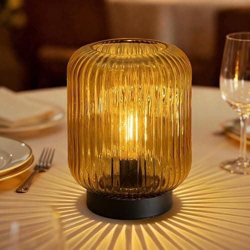 LUSHARBOR Battery Operated Lamp, Cordless Table Lamps for Home Decor, Battery Powered Nightlight with LED Bulb, Decorative Glass Beside Lamp for Bedroom Living Room-Gold - Image 1
