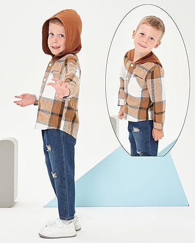 Renotemy Toddler Baby Boy Clothes Denim Outfits Infant Hooded Sweatshirt Jeans Pants Little Boys Clothing - Coffeeplaid - 2-3T thumbnail 4