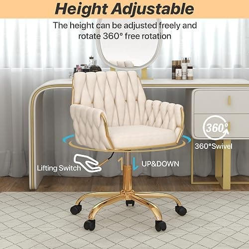 Gentlemoods Velvet Home Office Chair, Modern Height-Adjustable Vanity Chair with Golden Base and Hand-Woven Backrest for Bedroom/Study/Vanity (Beige) thumbnail 4
