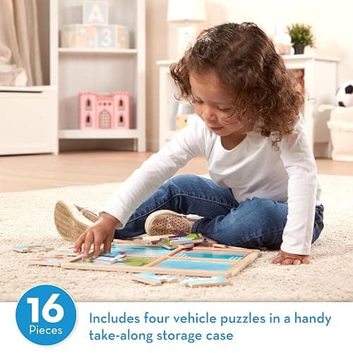 Melissa & Doug Natural Play Wooden Puzzle: Ready, Set, Go (Four 4-Piece Vehicle Puzzles) thumbnail 3